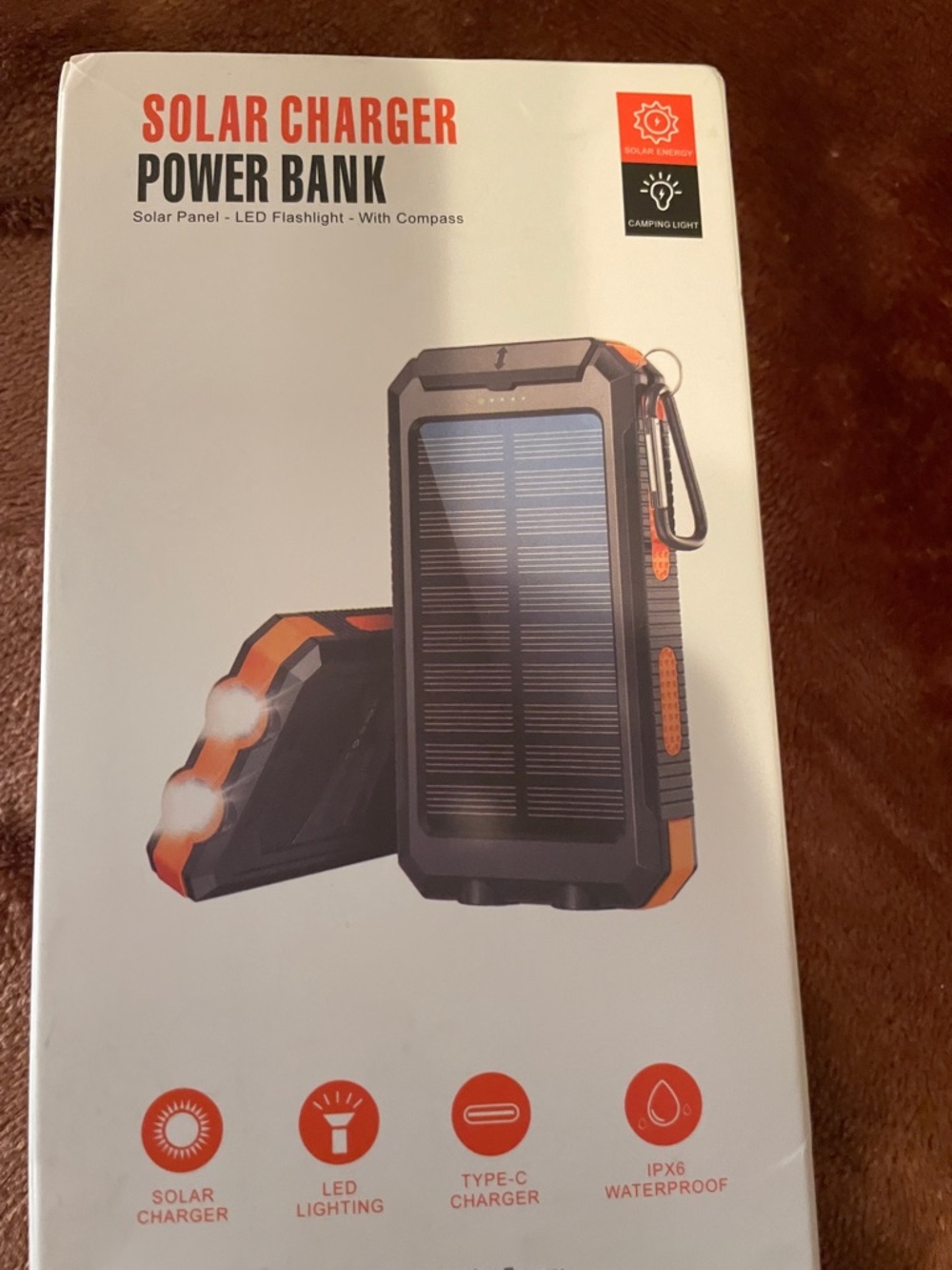 Solar Charger Power Bank - Portable Black & Orange Solar Power Bank